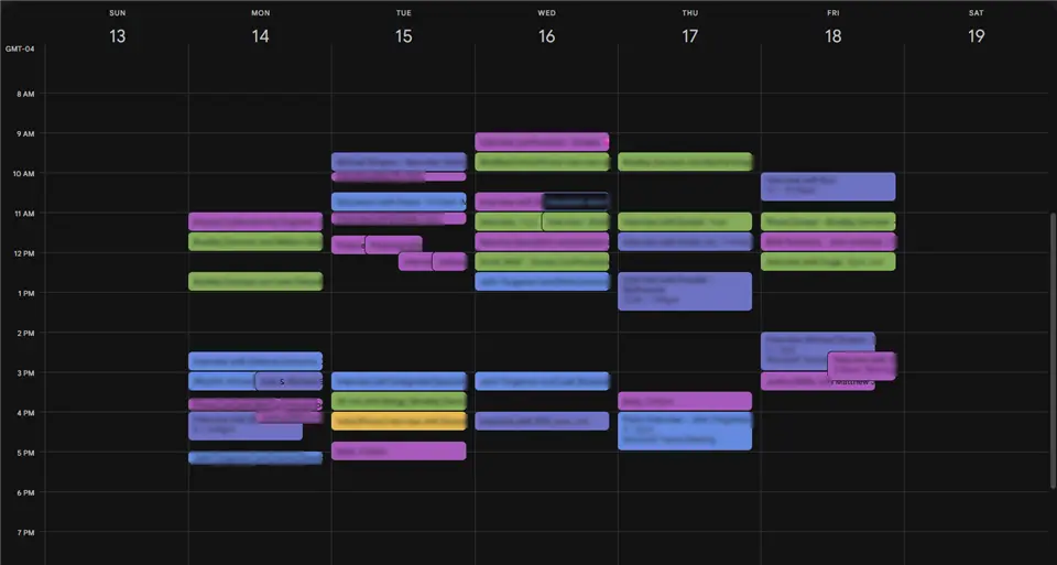 Redacted Google Calendar week of September 13 with many colored interview events